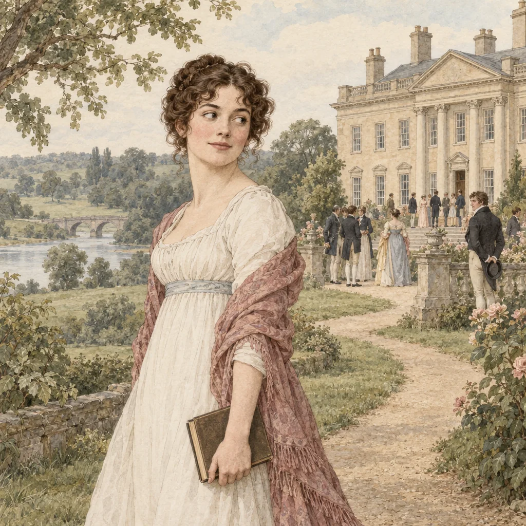 An illustrated Elizabeth Bennet in the gardens of an English country estate